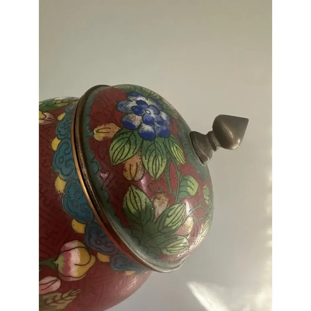 Vintage Chinese Cloisonné Enamel Ginger Jar Flowers  8” rust blue turquoise